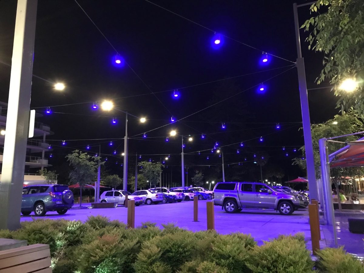 Town Square Carpark lit blue.