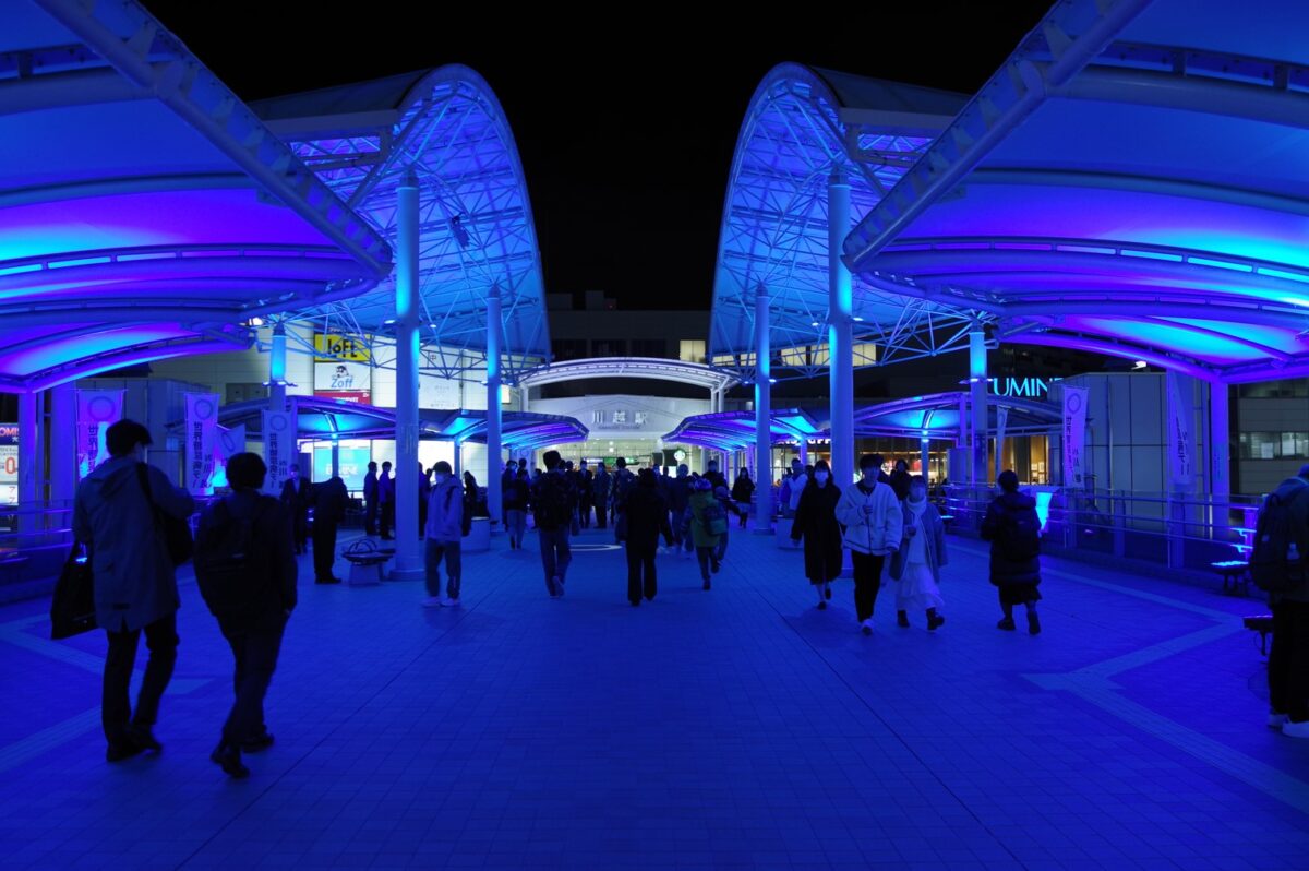 Blue Lighting on the Pedestrian Deck at Kawagoe Station, JAPAN 2023