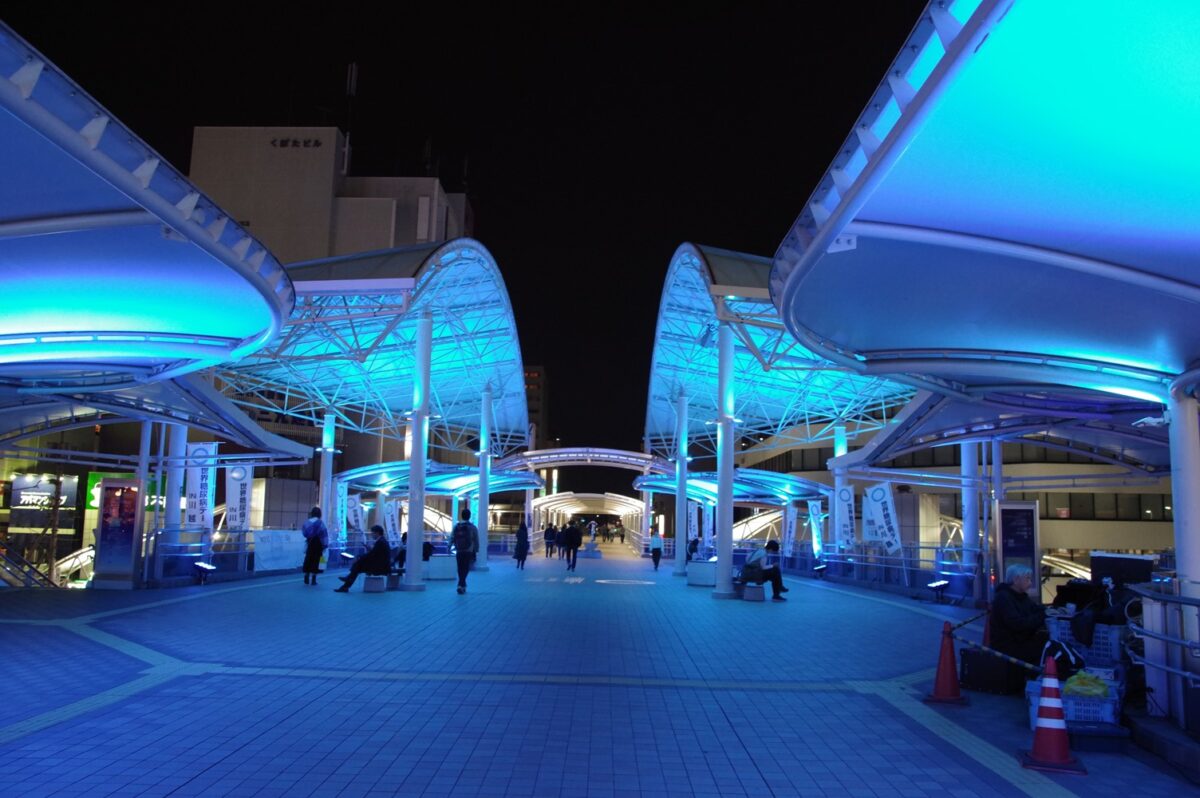 Blue Lighting on the Pedestrian Deck at Kawagoe Station, JAPAN 2024