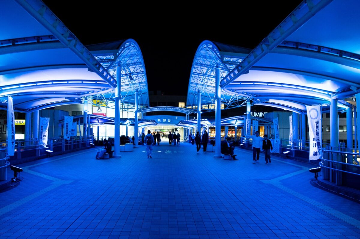 Blue Lighting on the Pedestrian Deck at Kawagoe Station, JAPAN 2024